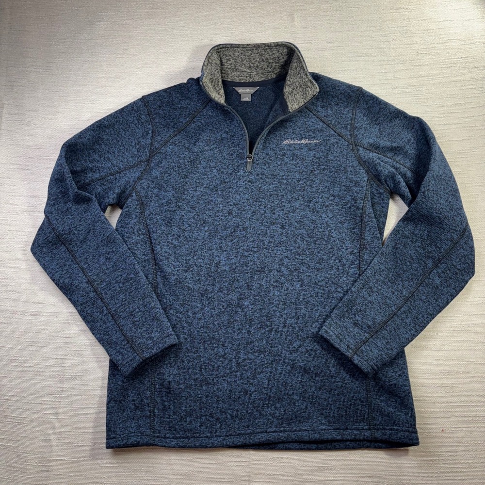 Eddie Bauer Mens Blue Marl Heathered Fleece Lined Quarter Zip Pullover Sweater M